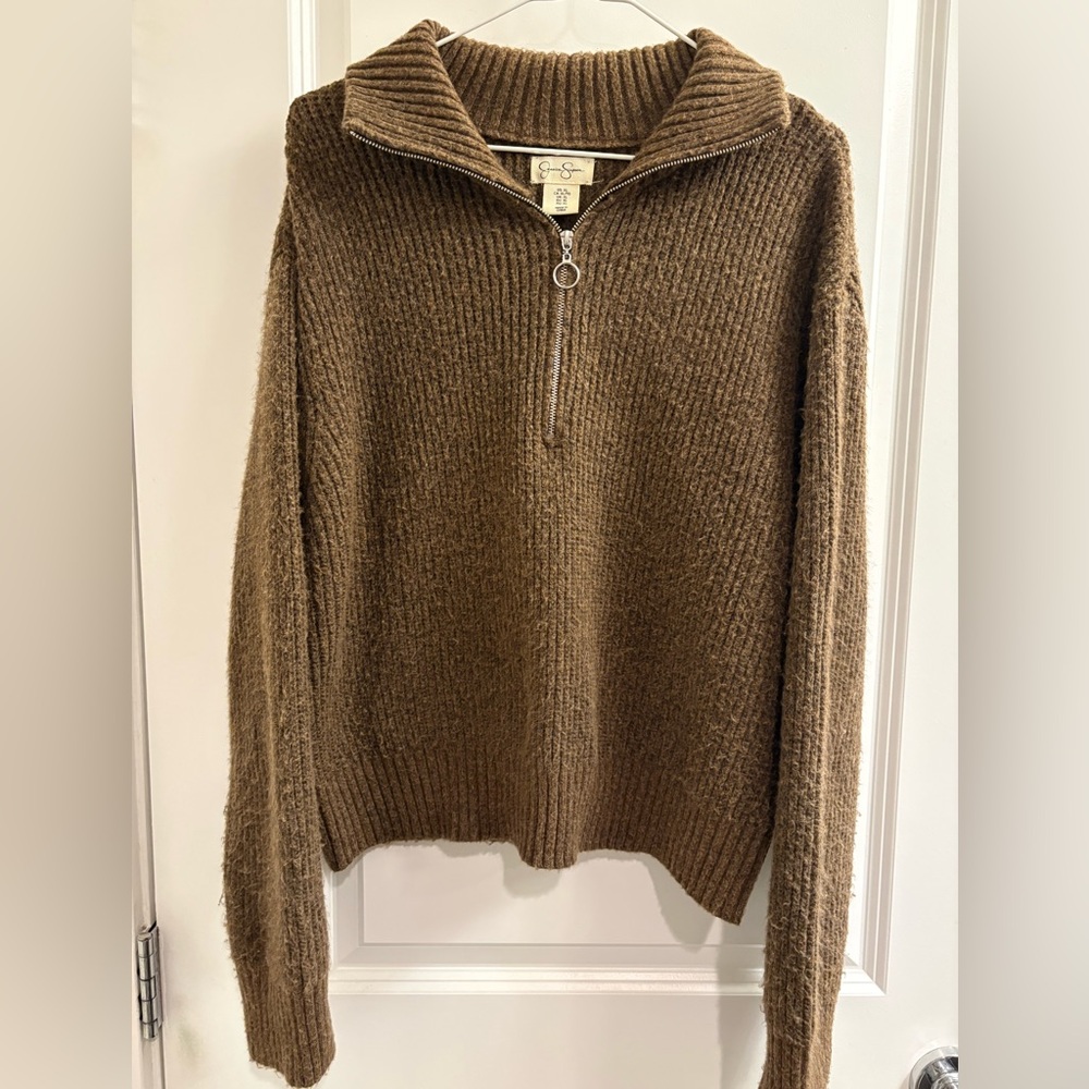 Jessica Simpson Womens Brown Half-Zip Ribbed Sweater